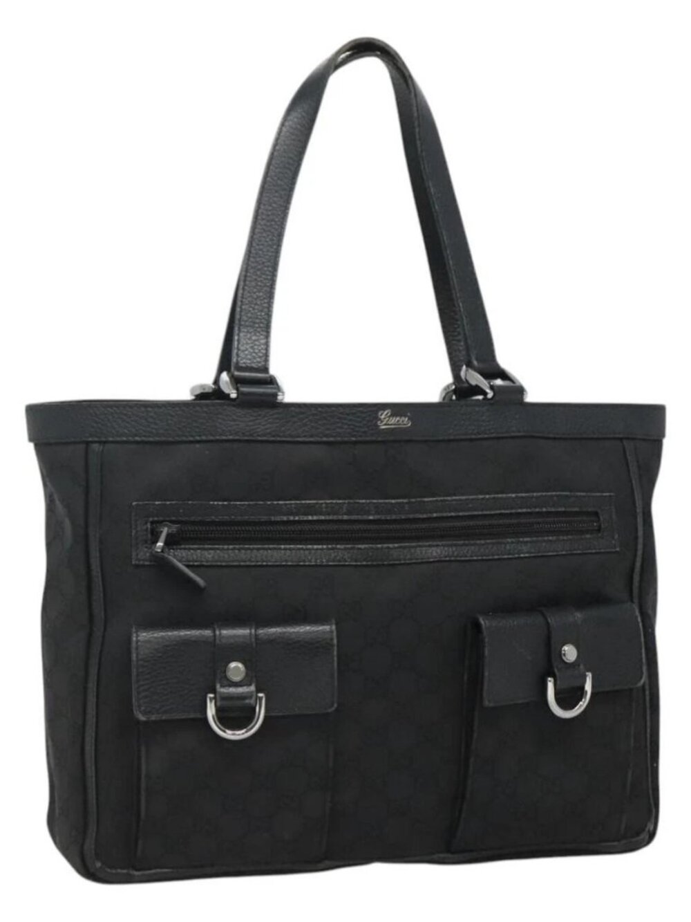 GUCCI GG Canvas Tote Bag Nylon Outlet Black Silver 268639 Auth nb032